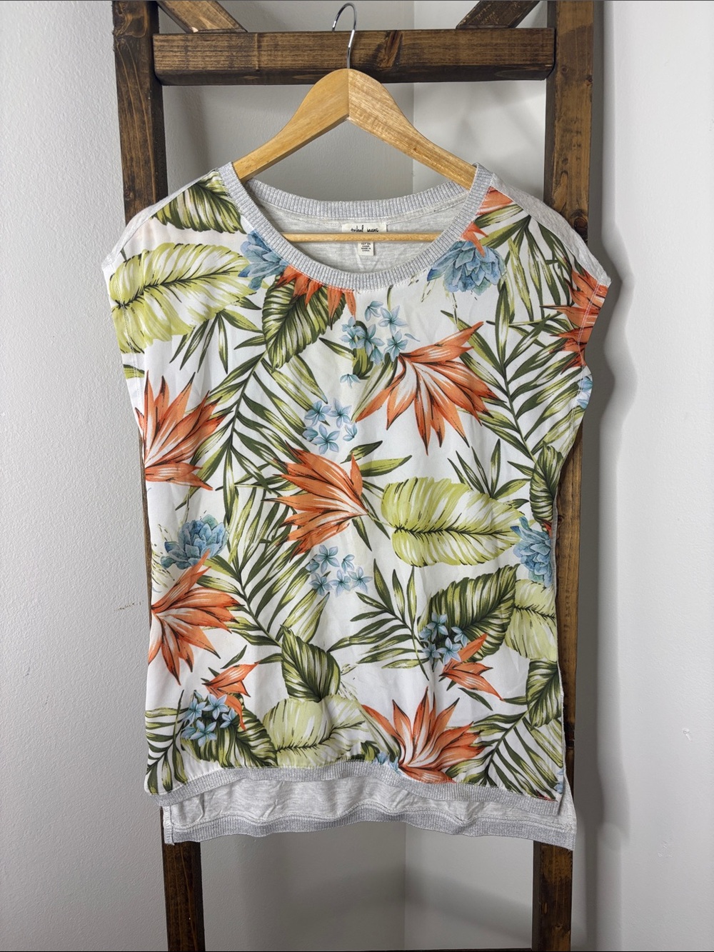 Tribal White Tank Top with Green Leaves and Orange Floral Print Size S